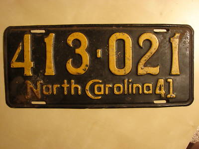 1941 North Carolina license plate Antique Rare WWII era -- Antique