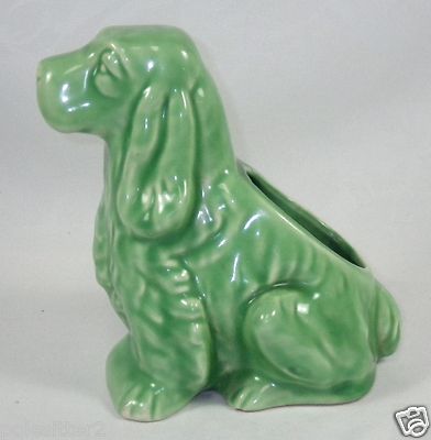 Vintage 1940's McCoy Pottery SPANIEL Dog Planter Vase GREEN -- Antique